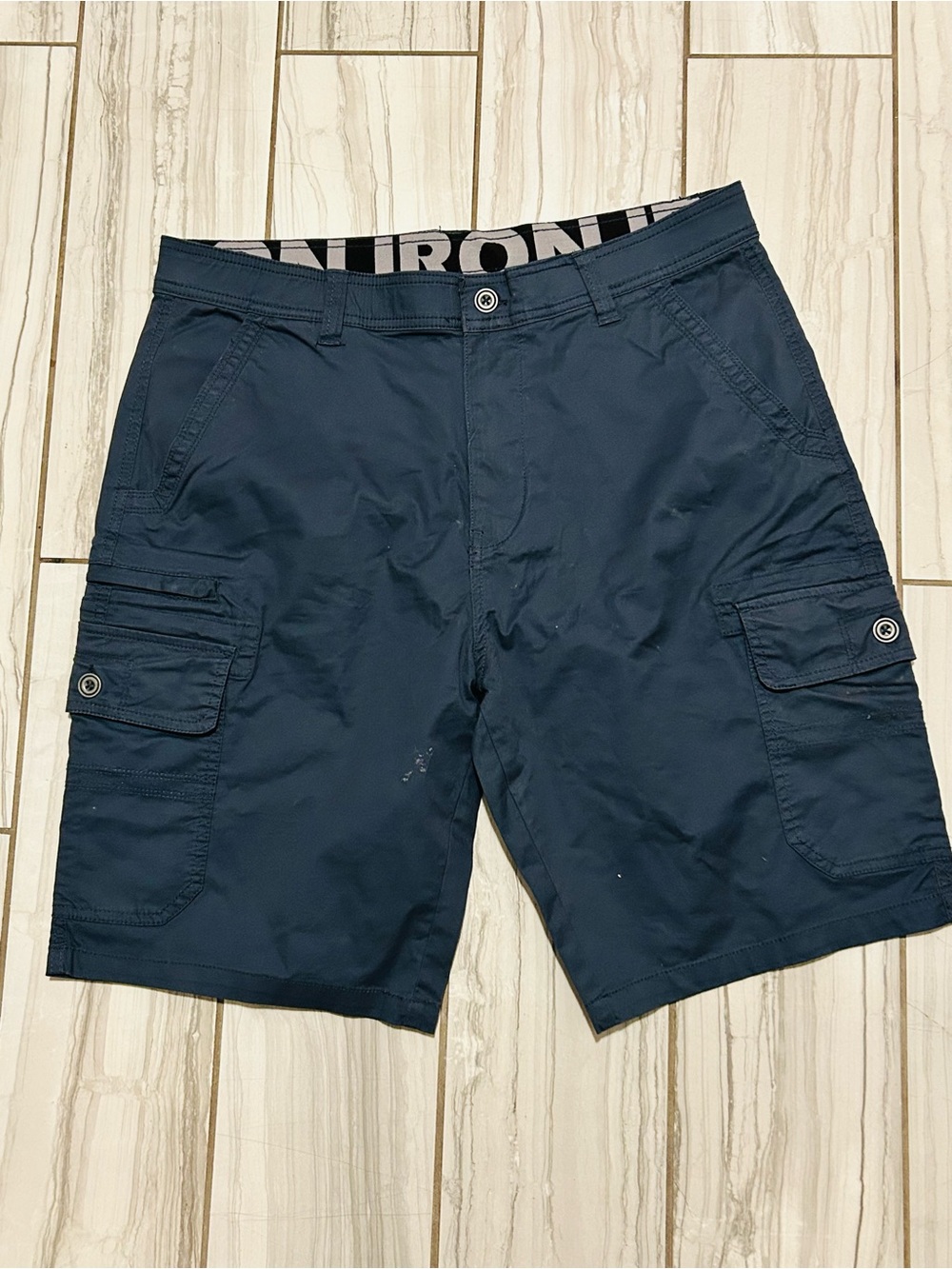 Iron Co Mens Cargo Shorts Size 34 Blue Stretch Polyester Zipper Pockets